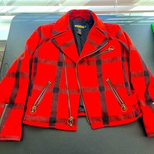 Women’s Buffalo check cafe racer style coat.